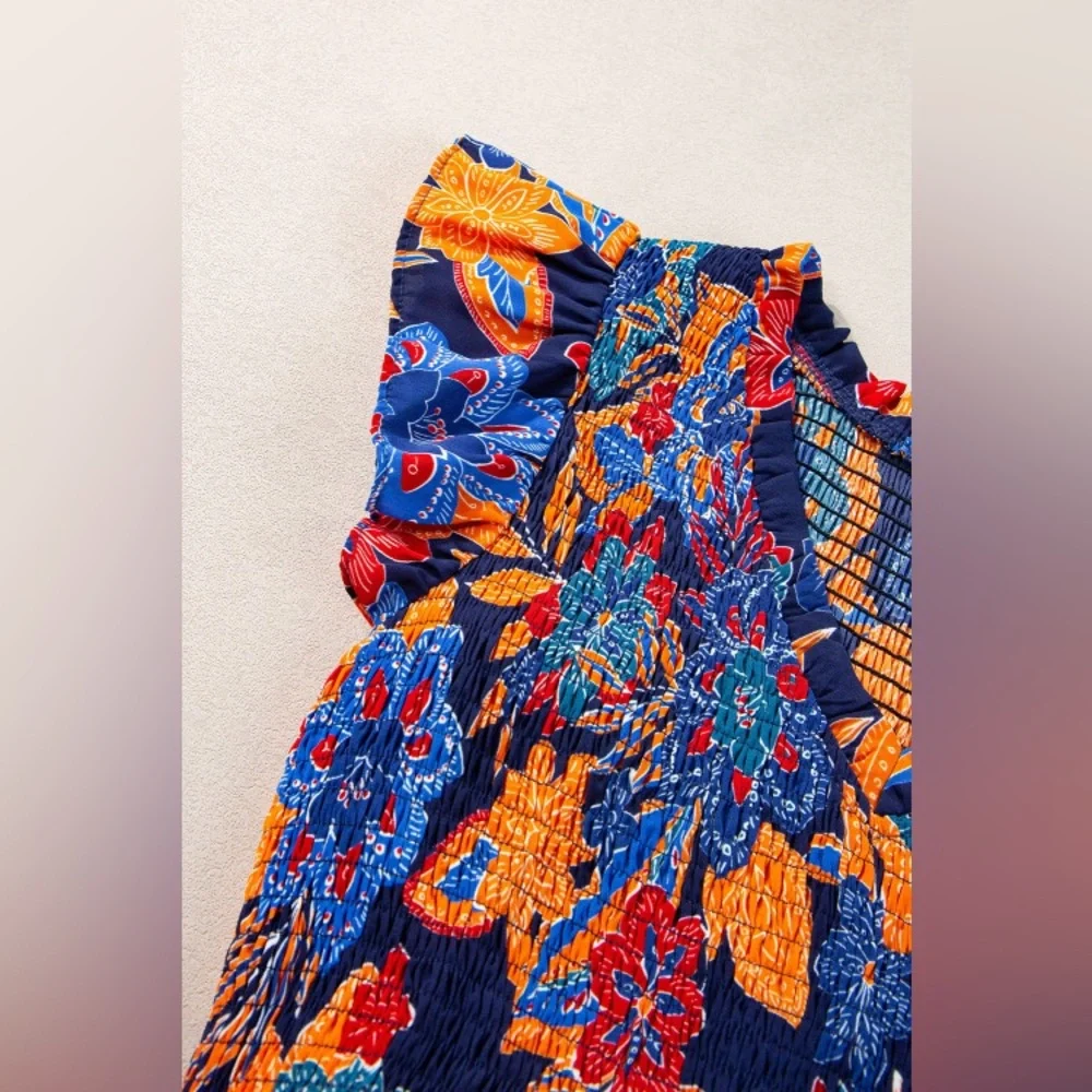 Dark Blue Boho Floral V Neck Ruffle Tiered Long Dress NWT - Picture 3 of 5